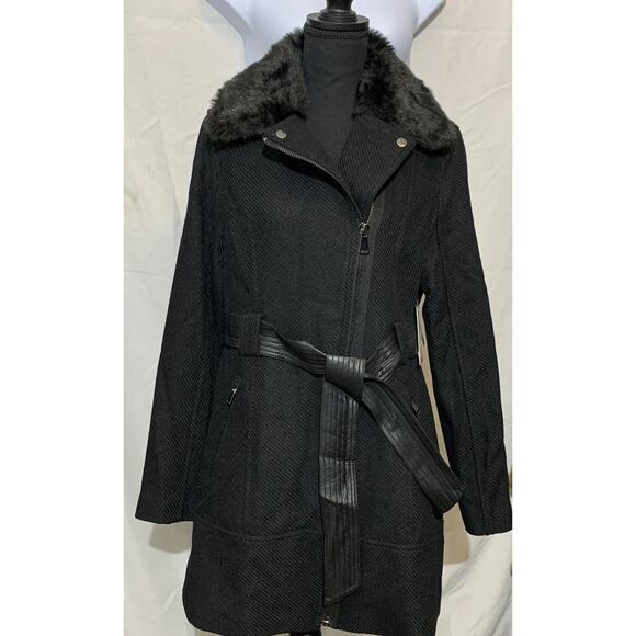 Mason Signature NWT Long Winter Coat Black Fur Collar Womens M - Picture 1 of 9